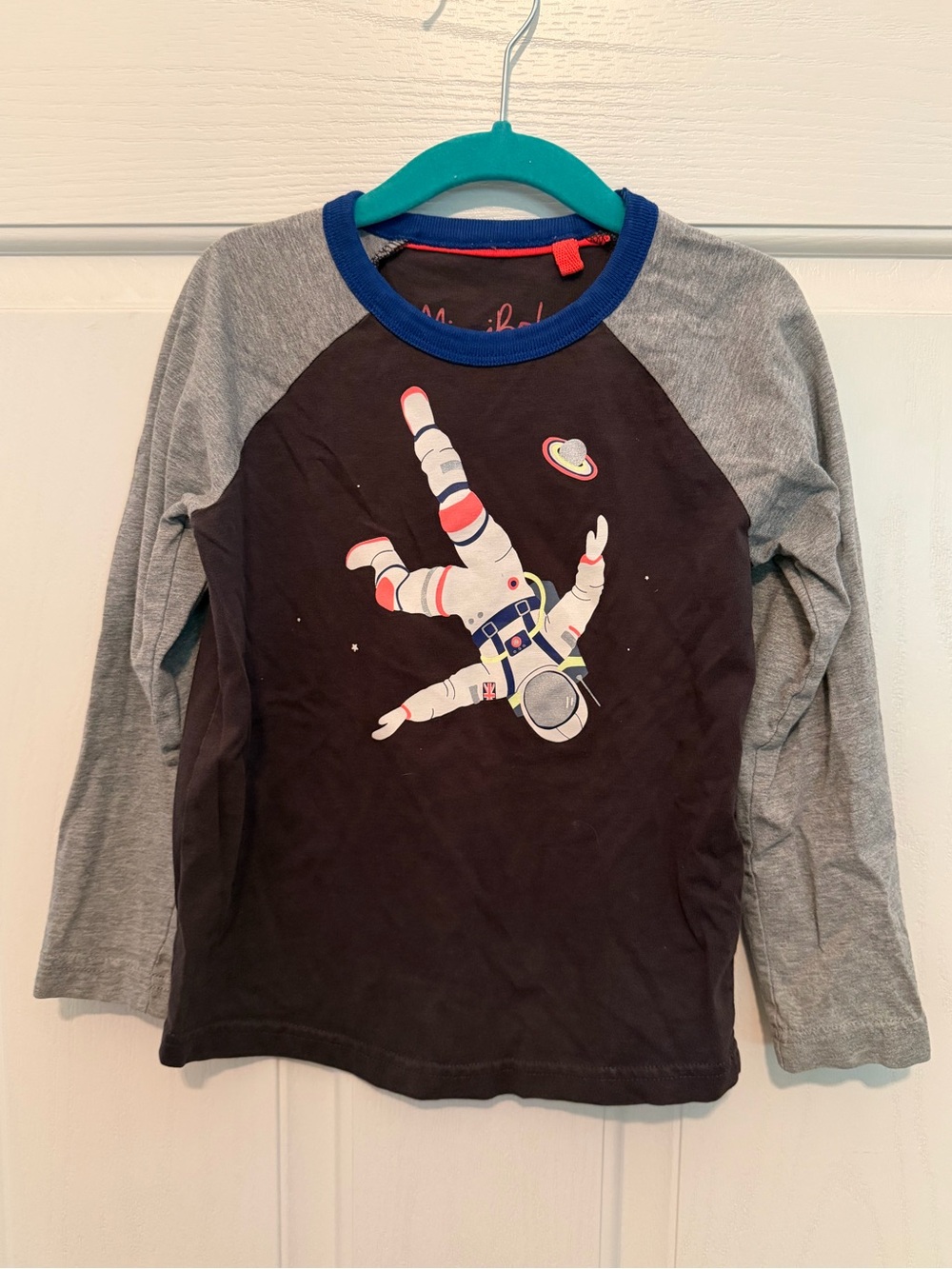 Mini Boden Black & Gray Long Sleeve Astronaut Space Tee with Blue Trim